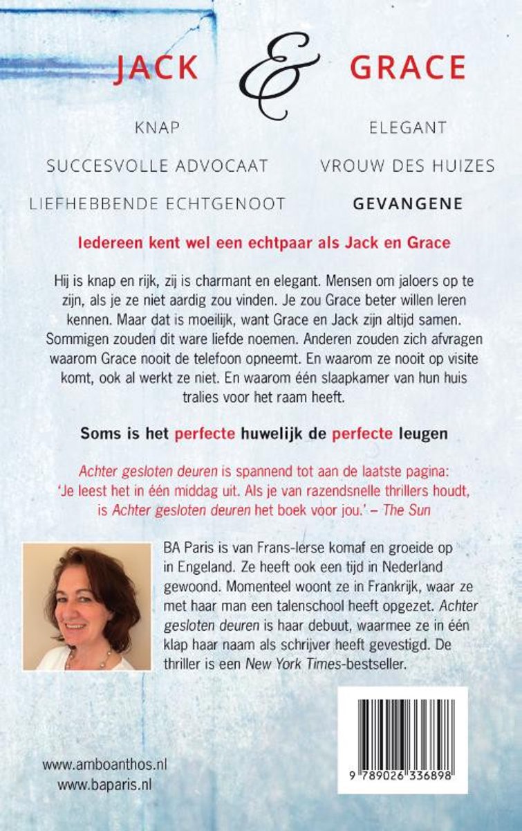 Een vrouw met bruin haar kijkt naar de camera. Tekst: Jack & Grace, Soms is het perfecte huwelijk de perfecte leugen. Achter gesloten deuren.