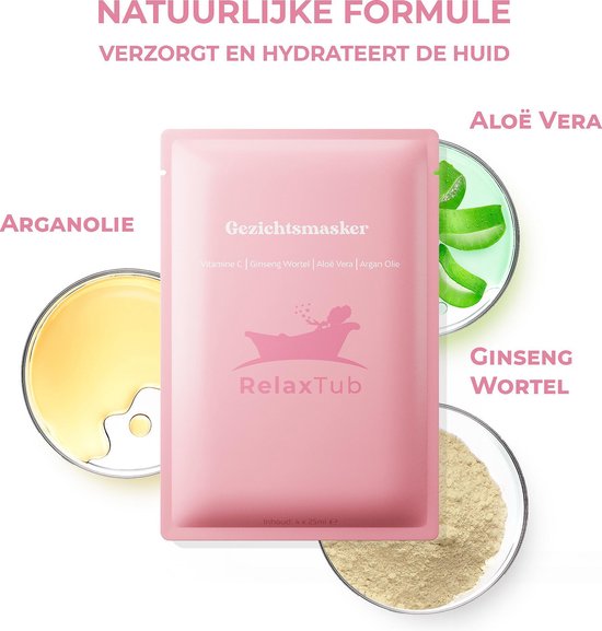 4 Gezichtsmaskers van RelaxTub® - Bevat Vitamine C, Argan Olie, Aloë Vera, Ginseng Wortel - 100% Natuurlijk - Voor Ontspanning & Zachte Huid - Huidverzorging - Dierproefvrij - 4 Stuks