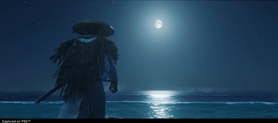 Samurai met brede hoed kijkt uit over de oceaan onder een maanverlichte hemel.