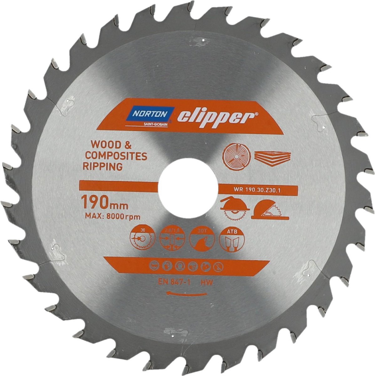 Norton Clipper Hout en Composiet - Zaagblad ATB Ripping - 190mm - 30 tanden - Voor Cirkelzagen en Afkortzagen