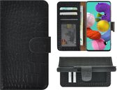 Hoesje Samsung Galaxy A51 - 4G - Bookcase Hoesje - Samsung A51 Wallet Book Case Echt Leer Croco Zwart Cover