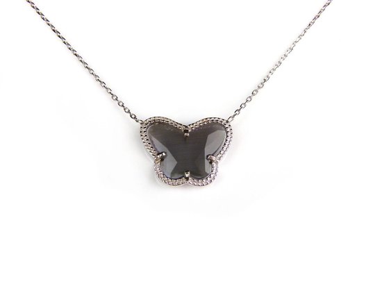 korte zilveren halsketting halssnoer collier gerhodineerd Model Vlinder met grijze steen