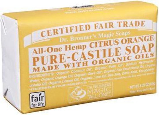 Dr. Bronner’s Blokzeep Citrus-Orange – 140 G, Biologisch & Fairtrade, Vegan