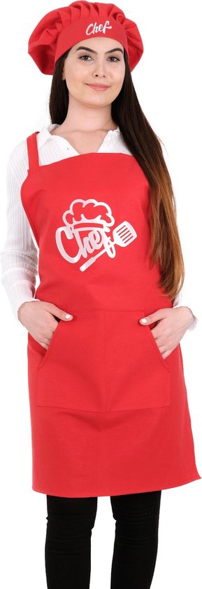 Chef Keukenschort met koksmuts 60x80 cm Rood Kookschort met zakken Keukenschort dames Schort voor vrouwen een voor mannen