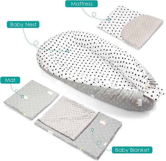 5-delige Babyuitrusting set incl. babynest 50×90 cm, nekkussen, plat kussen, babymatras, knuffeldeken – anti-allergeen, knuffelzacht, met zoete…