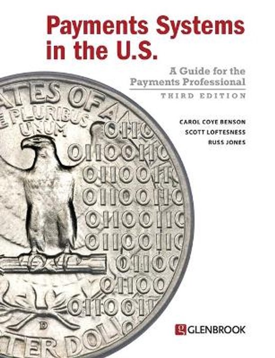 Boek "Payments Systems in the U.S." met op de voorkant een munt met een adelaar en binaire code. Derde editie, derde druk.