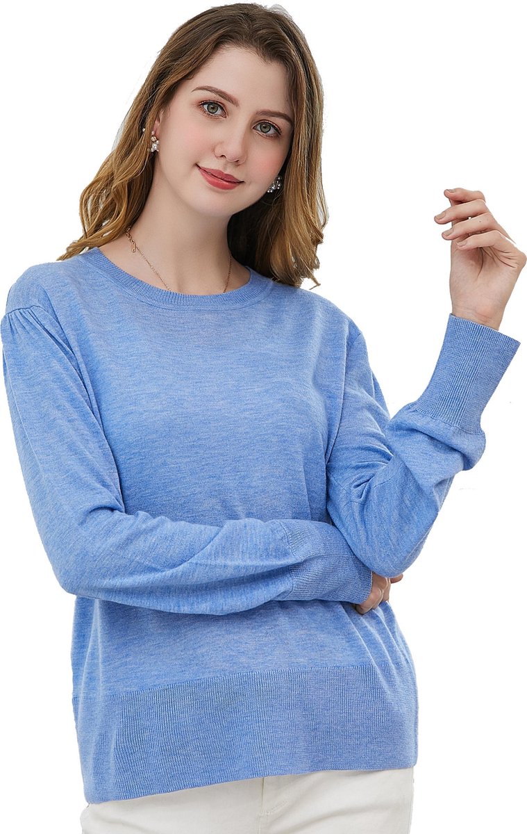 Manlee - m.l. Fijngebreide trui. Ronde hals. Pofmouw. Blauw. Maat: S