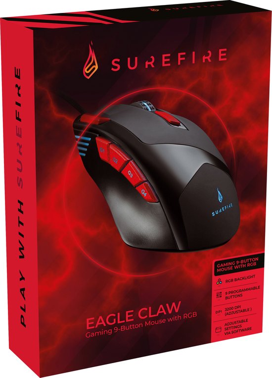 Surefire Gaming Eagle Claw Gaming-muis USB Optisch Zwart/rood 9 Toetsen 600 dpi, 800 dpi, 1200 dpi, 1600 dpi, 2400 dpi, 3200 dpi Verlicht