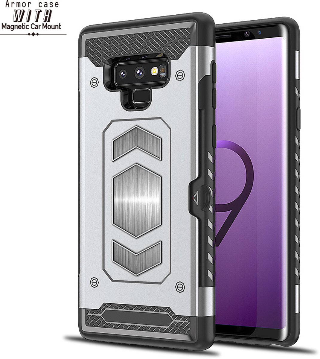 Samsung Galaxy Note 9 Luxe Armor Case met Pashouder - Zilver - van Bixb