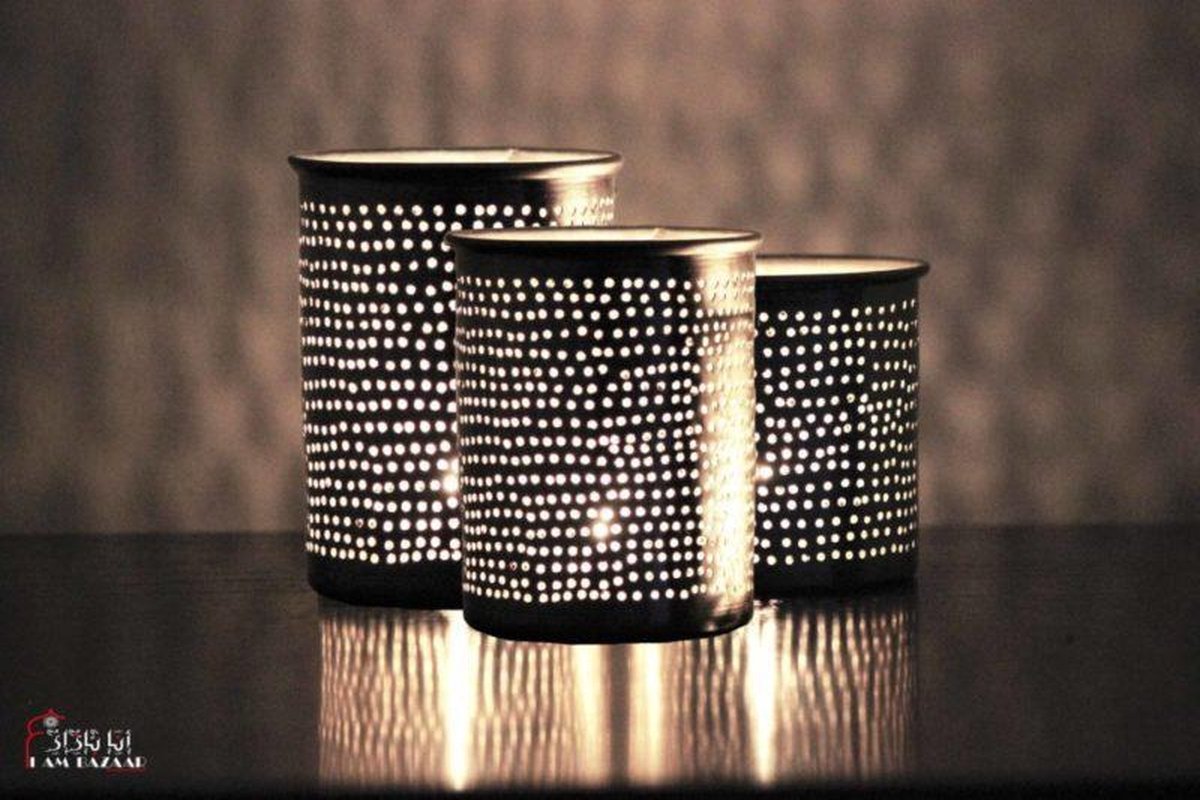 Oosterse Arabische Waxinelichthouder Amar - set van 3 - koper - verzilverd - handgemaakt - Afmeting: Ø10 cm, Ø9 cm, Ø8 cm, Theelichthouder - Sfeerlicht