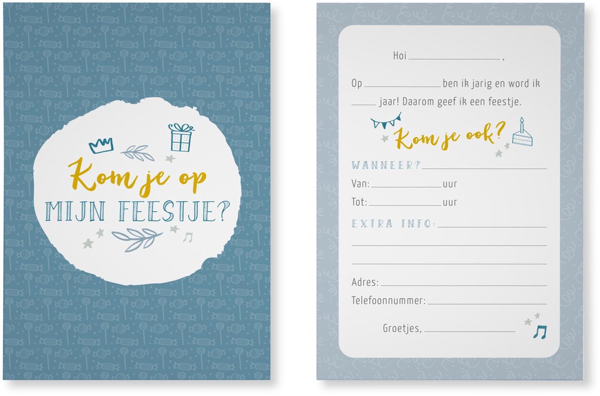 Maan Amsterdam Uitnodigingen kinderfeestje - Blauw - Jongen - Set van 10 - Inclusief enveloppen - A6
