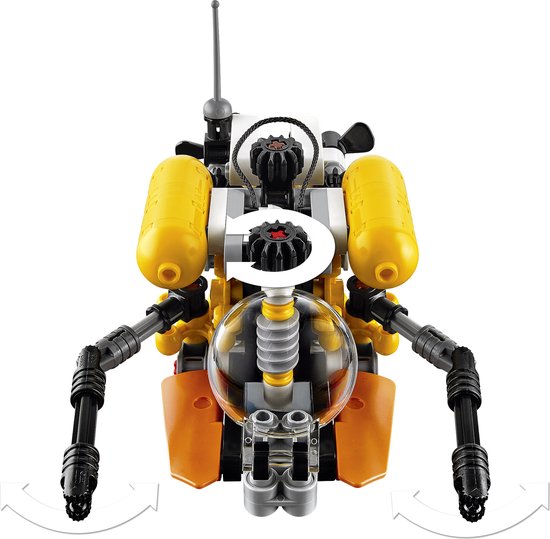 Gele LEGO-onderzeeër met grijpers en oranje accenten, voor-aanzicht.