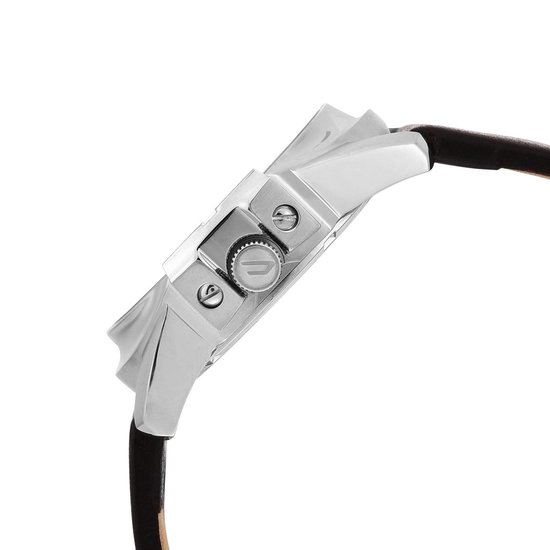 Zilverkleurige zijkant van een Diesel horloge met kroon en metalen bandbevestiging.