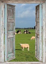 SCHUTTINGPOSTER - Tuindoek doorkijk openslaande deuren met Hollands landschap koeien en schapen - 90x65 cm - tuin decoratie - tuinposter - tuinposters buiten - tuinschilderij
