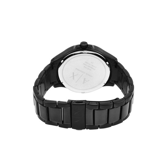 Armani Exchange AX2164 herenhorloge van glanzend zwart metaal met A/X logo op de sluiting. De achterkant is van zilverkleurig metaal.