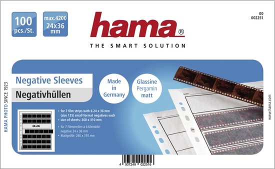 Hama Negatiefhoezen verpakking, 100 stuks voor 24x36mm fotorolletjes. Gemaakt in Duitsland.