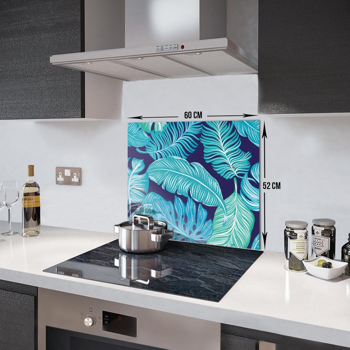 Blauwe Tropische Bladeren Tempered Glas Spatbescherming Voor Achter de Kookplaat 52cm x 60cm