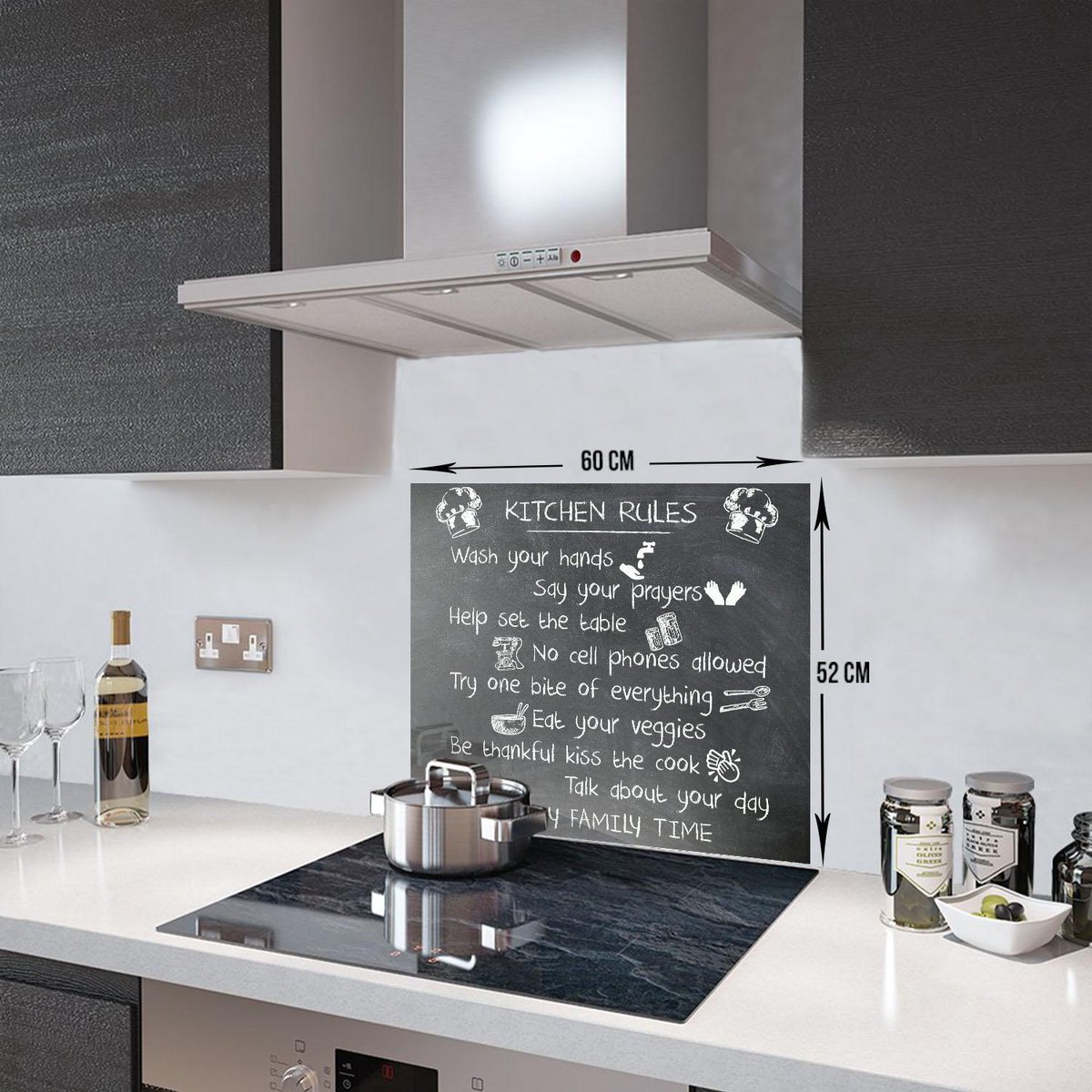 Kitchen Rules Tempered Glas Spatbescherming Voor Achter de Kookplaat 52cm x 60cm