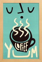 JUNIQE - Poster in houten lijst Yum Coffee -40x60 /Turkoois