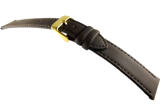 Horlogeband-16mm-echt leer-zacht-mat-donkerbruin-goudkleurige gesp-16 mm