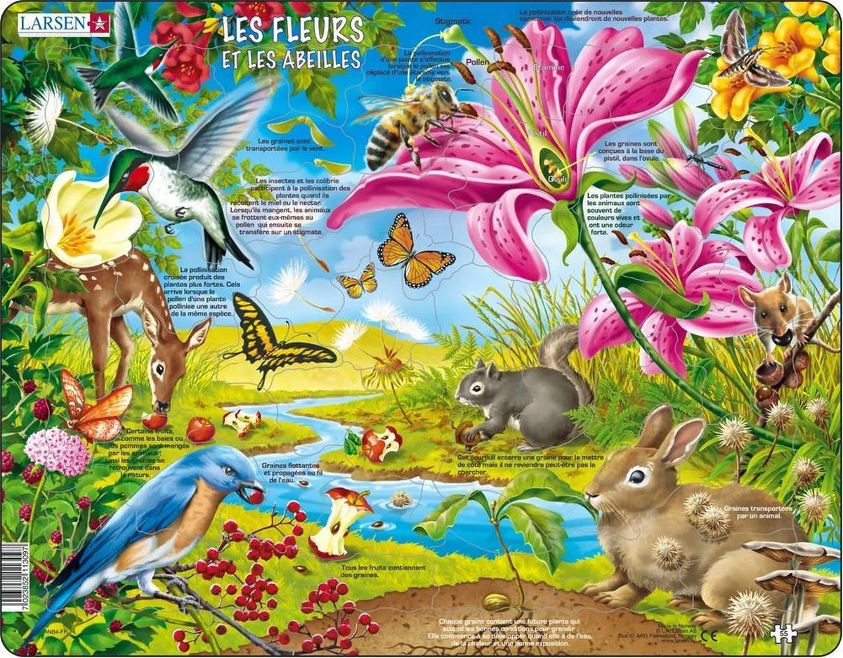 Larsen Les Fleurs et les Abeilles – Puzzle – Nature – Pollinisation et Écosystèmes – Puzzle éducatif pour enfants – 69 pièces – Fabriqué en Norvège – Pièces extra épaisses de 2,5 mm – Plateau avec bord fixe