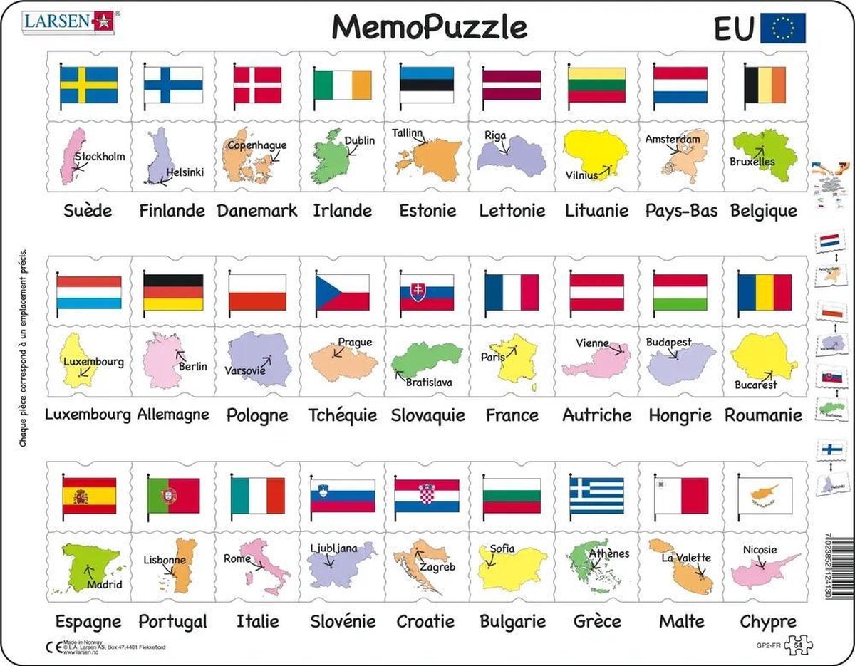 Larsen Drapeaux et Capitales de l’Union Européenne – Puzzle Mémo – Union Européenne – Drapeaux et Capitales – Puzzle éducatif pour enfants – 54 pièces – Fabriqué en Norvège – Pièces extra épaisses de 2,5 mm – Plateau avec bord fixe