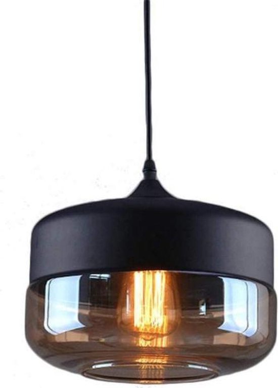 KLIMliving Moorea - Hanglamp - 1xE27 - Zwart - Metaal - Glas - Amber - Hanglamp eetkamer - Hanglamp Woonkamer - Hanglamp industrieel - Hanglamp modern