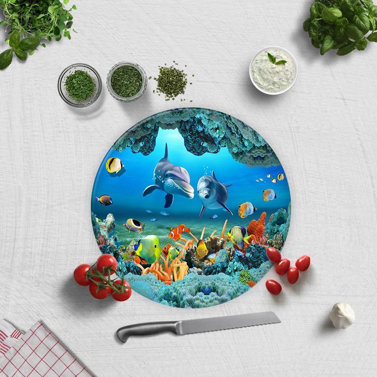 Aquarium Patroon Tempered Glas Snijplank Doorsnee 32 cm - Glassnijplank