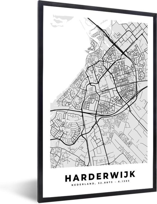 Fotolijst incl. Poster - Stadskaart - Harderwijk - Grijs - Wit - 20x30 cm - Posterlijst - Plattegrond
