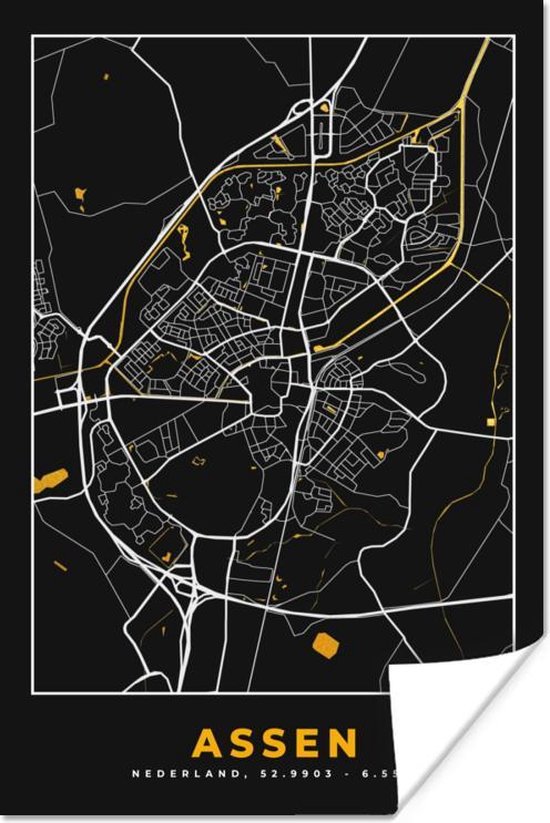 Poster Stadskaart - Assen - Goud - Zwart - 20x30 cm - Plattegrond