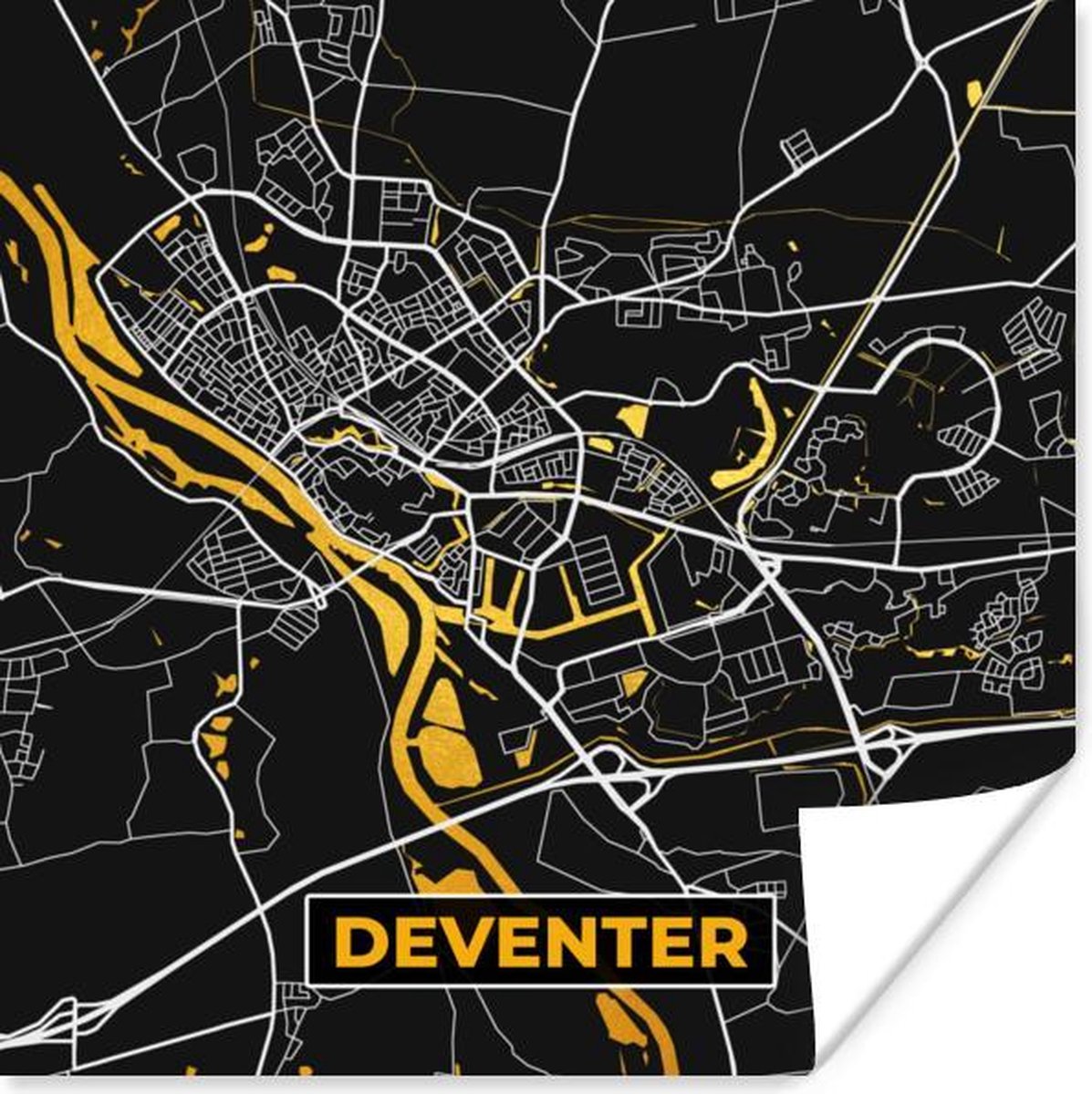 Poster Plattegrond Deventer Goud Zwart 75x75 cm