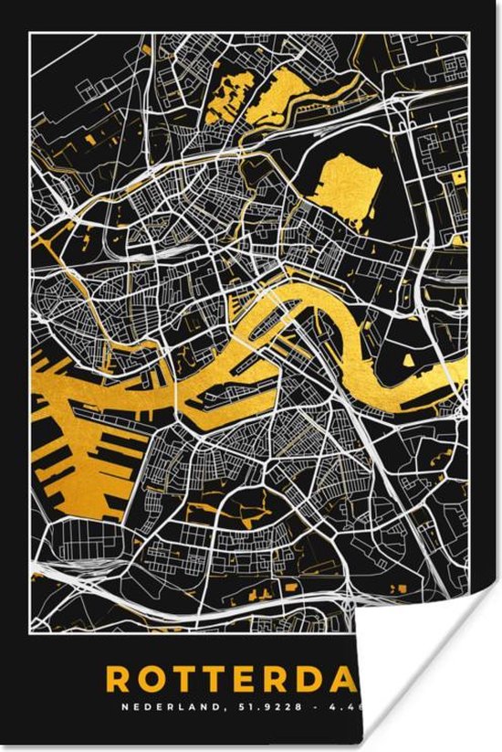 Poster Plattegrond - Rotterdam - Goud - Zwart