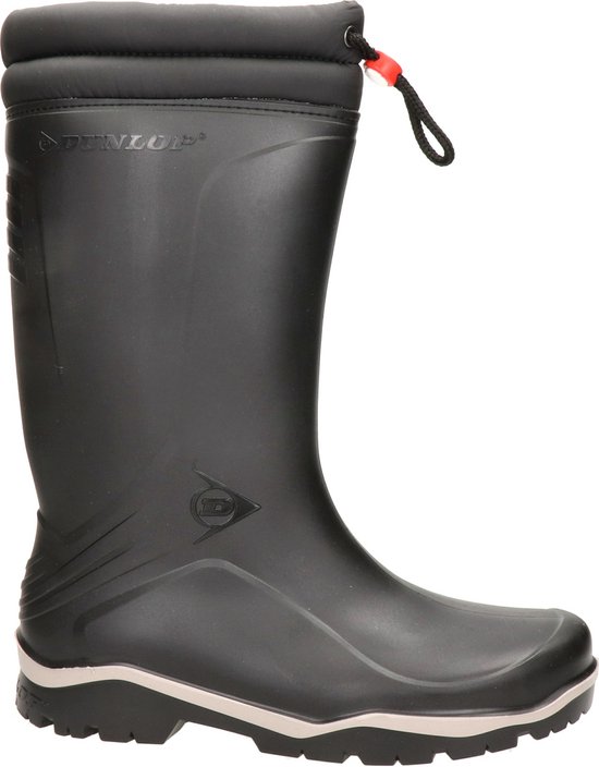 Zwarte Dunlop regenlaars met witte accenten op de zool en vulling aan de kraag.