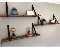 Wandplank Steigerhout met Roze leren Riemen