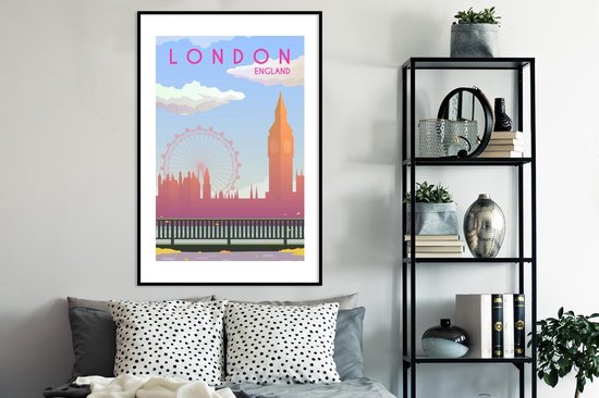 Image encadrée - Illustration de la ville de Londres en Angleterre cadre photo noir avec passe partout blanc 80x120 80x120 cm - Affiche encadrée (Décoration murale salon / chambre)