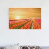 Canvas Schilderijen - Tulpenveld met Ondergaande Zon - 60x40 cm | Wanddecoratie | Fotoprint op Canvas | Canvas Schilderij | Woondecoratie voor Woonkamer, Slaapkamer, Kantoor, Gang