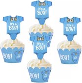 Baby Shower Decoratie Boy 24 stuks/ 12  Cupcake Wrapper met Topper geslachtonthulling