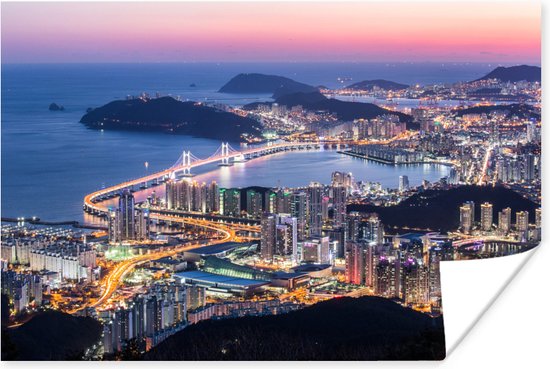 Foto: Uitzicht over een verlicht busan in zuid korea poster 120x80 cm foto print op poster wanddecoratie woonkamer slaapkamer aziatische steden poster