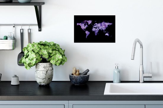 Mappemonde aquarelle violet foncé sur fond noir 30x20 cm