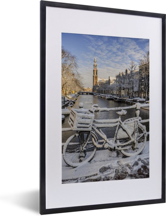 Winterse impressie van Prinsengracht fotolijst zwart met witte passe-partout 40x60 cm - Foto print in lijst
