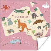 Dieren - Wereldkaart kinderen - Australië - Meisjes - Meiden - Kids - 75x75 cm - Poster