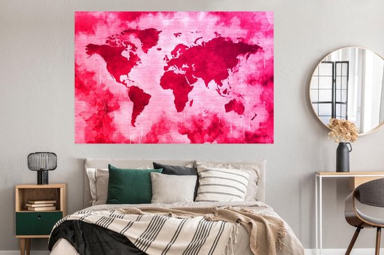 Wereldkaart avec peinture rose vif et fond avec motif texturé 180x120 cm