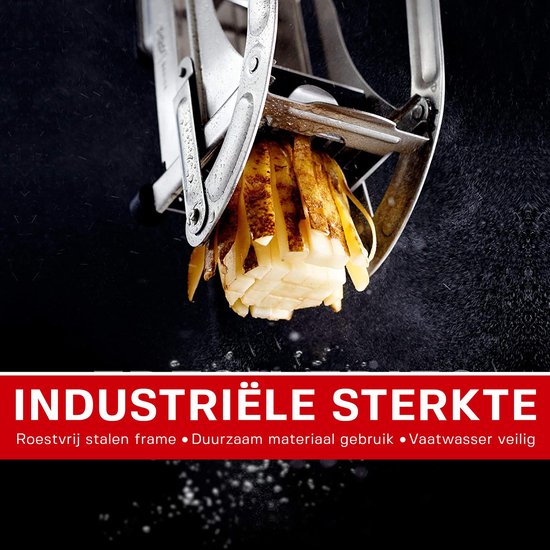 Roestvrijstalen frietsnijder die een aardappel snijdt. "INDUSTRIËLE STERKTE"