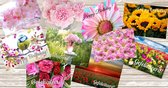 *** 10 DUBBELE Verjaardag Wenskaarten met Bloemen incl. enveloppen - set - tulpen - gevouwen - bloemenveld - gefeliciteerd - happy birthday - felicitatie - ansichtkaart - verjaardagskaart - v