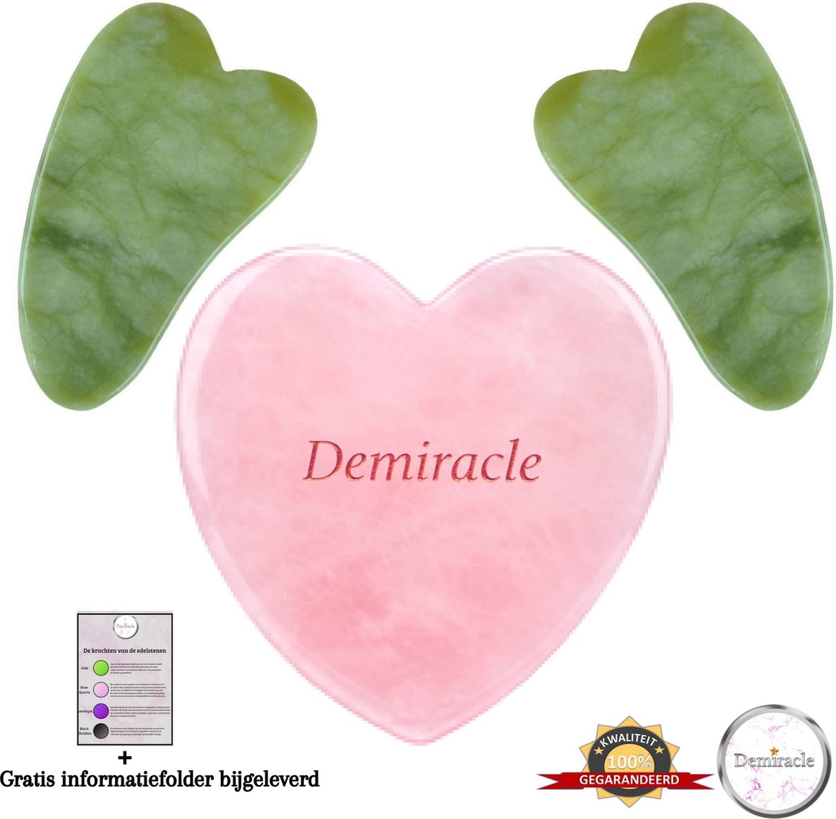 Demiracle® Gua Sha Love Bundel – 100% echte Rose Quartz en Jade – Massagehulpmiddel – Gezichtsmassage – Massage – Ontspanning – Kwaliteit