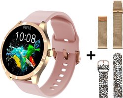 Belesy® BQSiRgPk Pro - Smartwatch Dames – Smartwatch Heren - Horloge - 1.28 inch - Kleurenscherm - Stappenteller - Bloeddruk - Hartslag - 75+ Wijzerplaten – Sporten – Goud – Siliconen – Roze – 2 extra polsbanden - Cadeau - Kerstcadeau