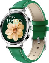 Belesy® CHIQUE - Smartwatch Dames - Horloge - 1.3 inch - Kleurenscherm - Stappenteller - Bloeddruk - Hartslag - 25 Wijzerplaten – Sporten – Zilver – Groen - Leer - Cadeau