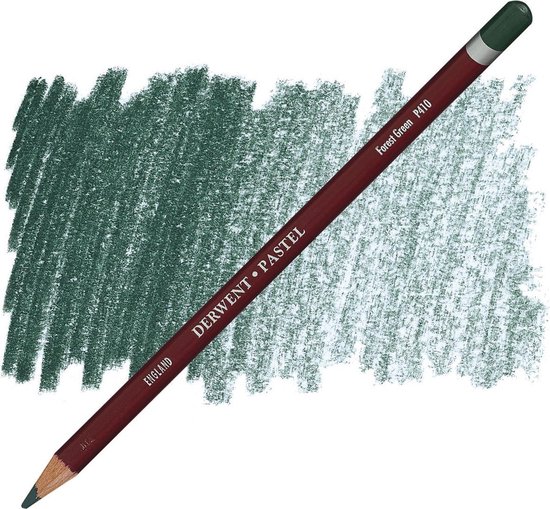 Donkergroen Derwent Pastel potlood, model P410 'Forest Green', met afgesleten grafiet en een groene punt.