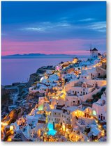 Oia avec des maisons blanches traditionnelles et des moulins à vent sur l'île de Santorin, en Grèce à l'heure bleue du soir - Portrait sur toile 30x40 - Paysage