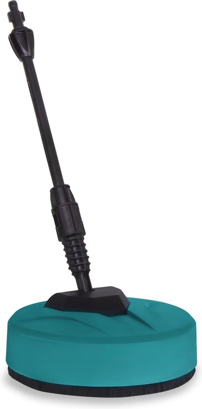 Turquoise en zwarte terrasreiniger met opzetborstel voor hogedrukreiniger.